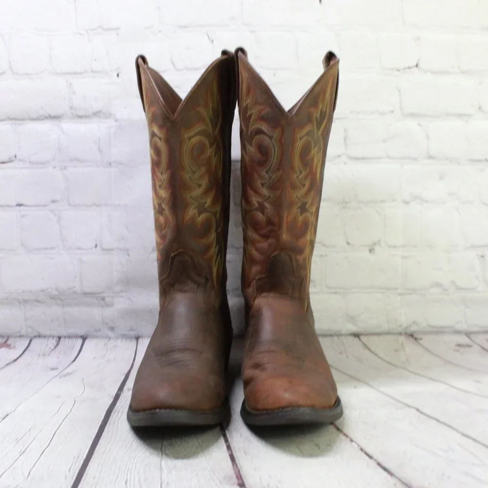 Justin Brown Leather Pointed Toe Slip on Western Cowboy Boots Size 9 D - Picture 4 of 9
